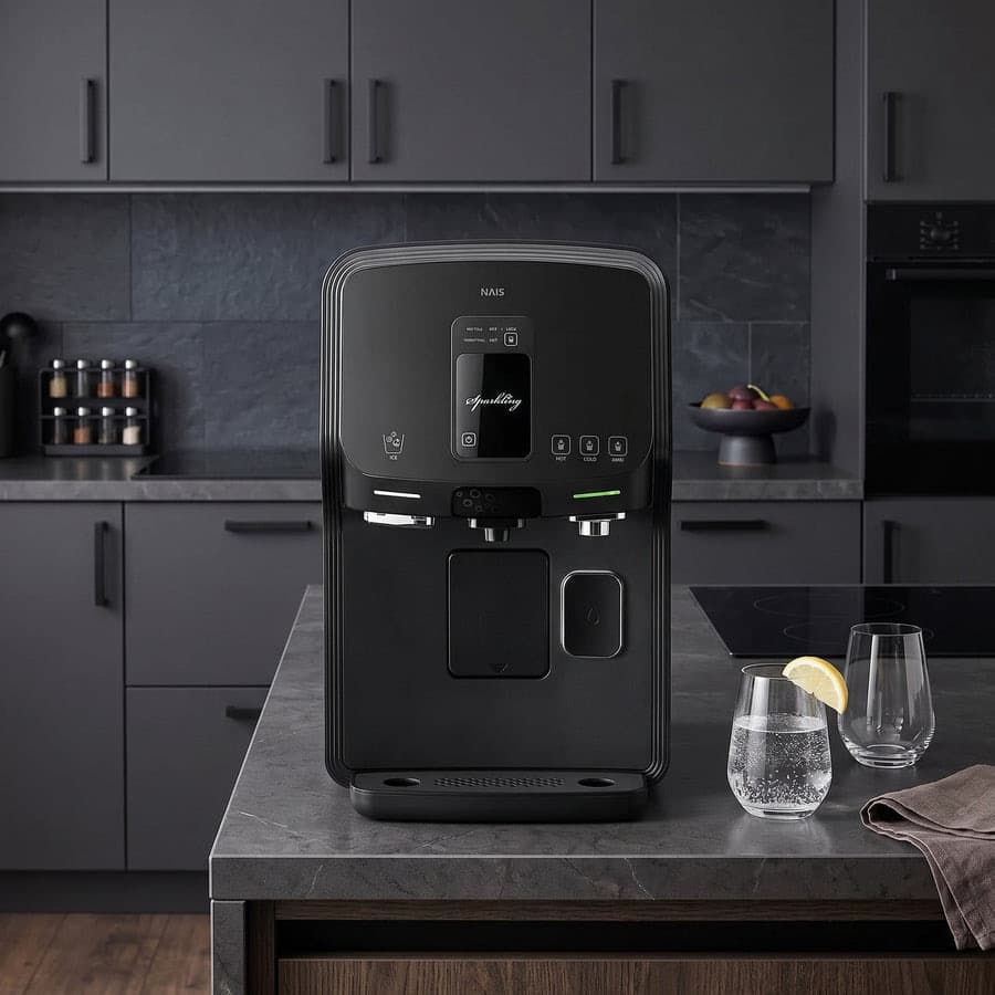 NAIS Soda RO auf einer Küchenarbeitsplatte, daneben ein Glas Sprudelwasser mit Zitrone